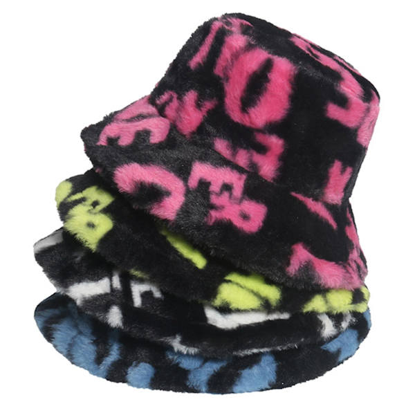 Vinter Bokstavtrykt Bøttehatt Kunstig Pels Fiskehatt Fluffy Bøttehatter Rose red