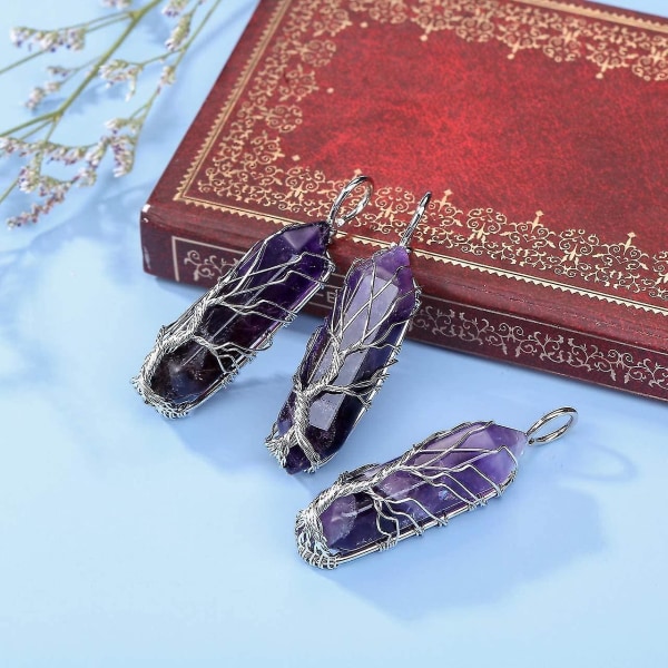 Ametyst Healing Crystal Halskje Tre Liv Trådviklet