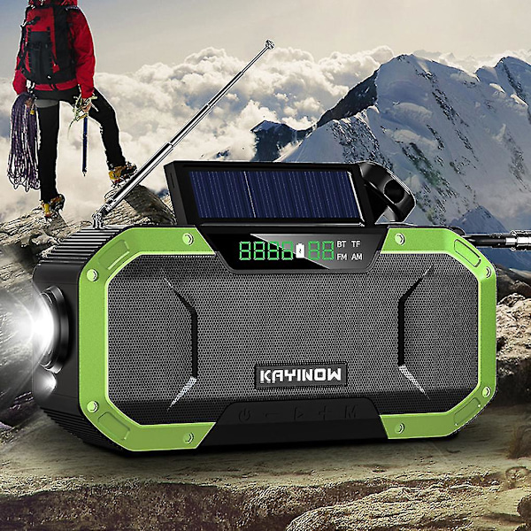 Nødradio med solcelle og håndsveiv, AM/FM, LED-lommelykt, Powerbank-telefonlader, Bluetooth 5.0-høyttaler Red