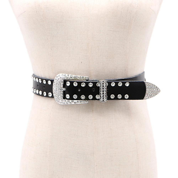 Damer Western Rhinestone Bling Cowgirl Hullet Læderbælte Besat Rhinestone Bælte Sort