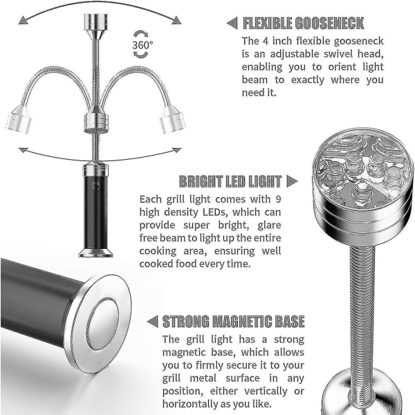 Grillilamppu, Magneettinen grillivalo, Set, Grillaustarvikkeet, Akkukäyttöinen, (musta)