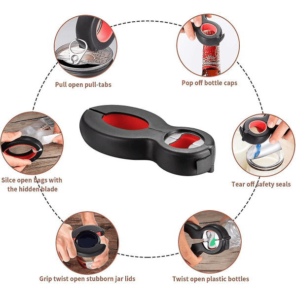 6-i-1 Multiöppnare, Flasköppnare, Burköppnare, Rostfritt Stål Burköppnare, Vridbar Lockköksverktyg för Barn, Seniorer, Äldre och