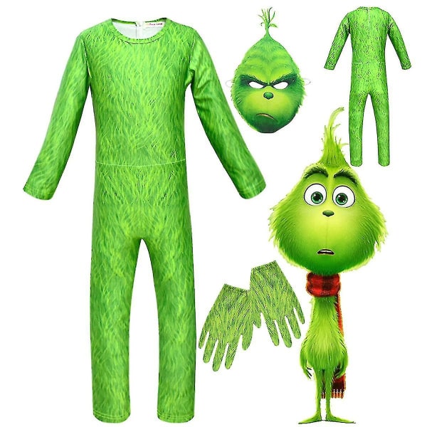 Grinch Kostume til Børn - Fancy Jumpsuit, Handsker, Sjal og Maske 10-12 Years