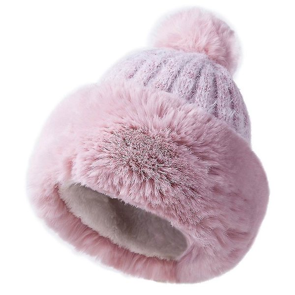Naisten keinotekoisen turkiksen neulottu pipo, fleecevuorattu, talvinen lämmin Ushanka-pipo, beanie-pipo, hiihtopipo Pink