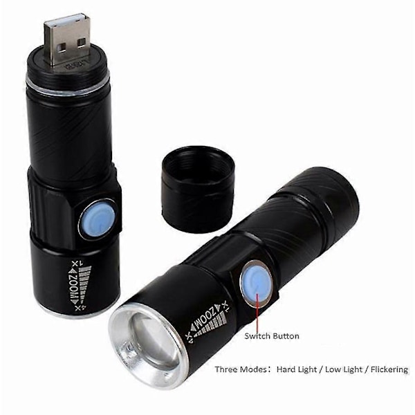 USB Mini Ficklampa Aluminium Legering Ficklampa LED Stark Ljus Uppladdningsbar Ficklampa Black