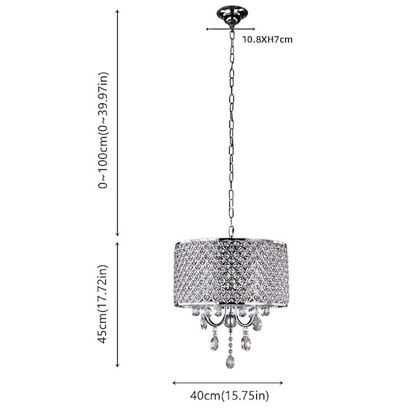 4-valosinen 40 cm kristalliriipusvalaisin metallirunkoinen, sähköpinnoitettu