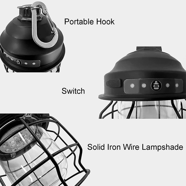 Uppladdningsbar campinglampa, 3 ljusstyrkor utomhuscampinglampa, led retrolykta Vattentät bärbar, lämplig för power för vandring