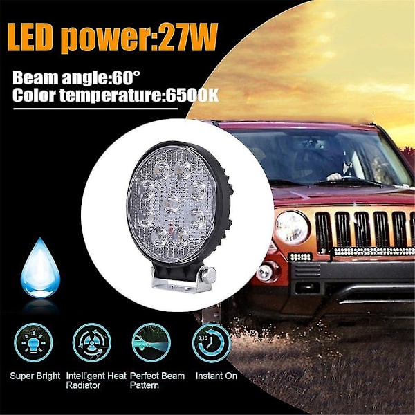 27W Flood Beam LED Pærer Forlygte Arbejdslys Rund Stang Lampe