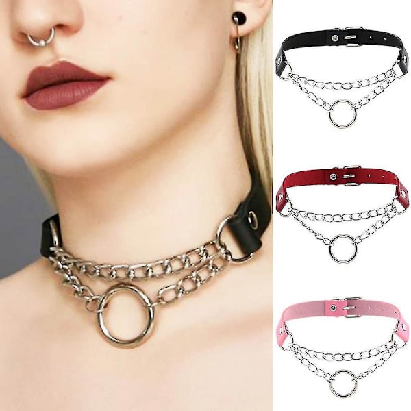 Kvinne og Mann Punk Kjede Choker Halskjede O Rund Sirkel Kunstig Lær Krage Smykker