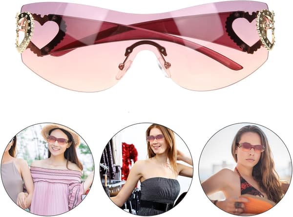 Rammeløse hjerteformede solbriller for kvinner, lilla ramme med lilla-rosa glass
