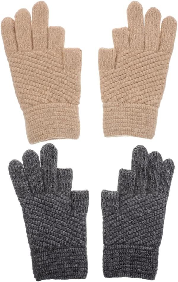 2 par vinter fingerløse handsker til mænd og kvinder, lette tofingrede strikvanter i grå og beige