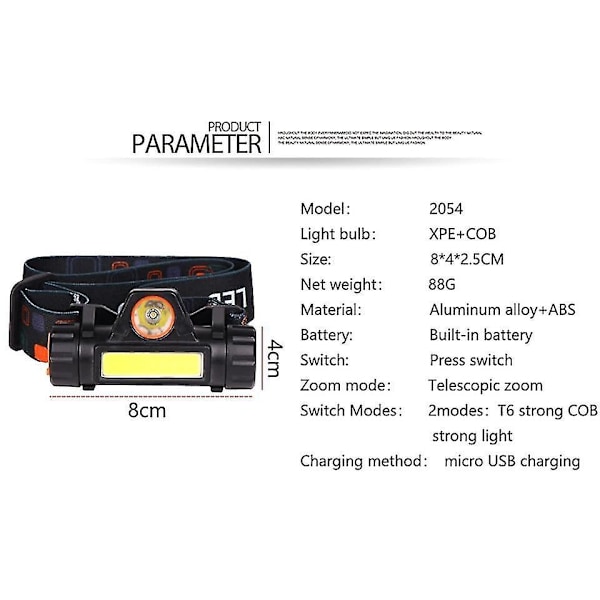 Sensor XP G Q5 Hodelykt Vanntett 2500lm USB Oppladbart