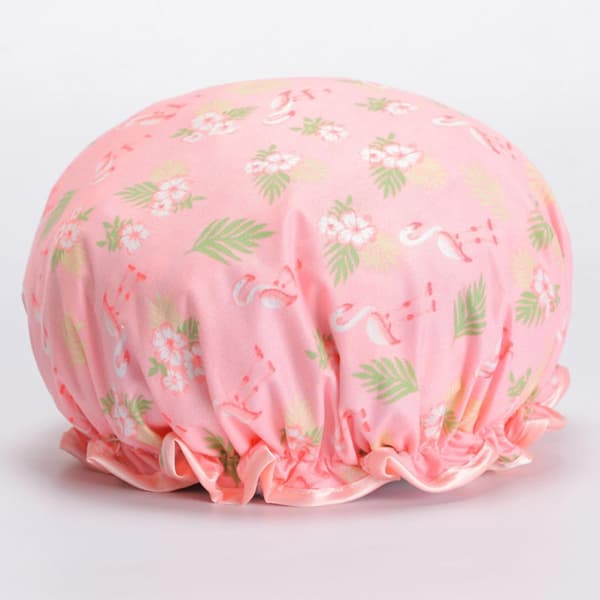 Vanntett dobbeltlags dusjhette for kvinner, badehette med elastisk bånd, rosa flamingo-trykk
