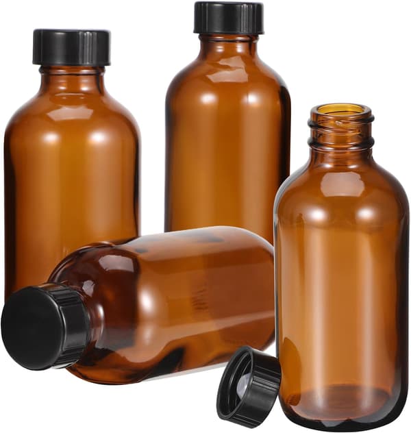 Ravfargede glassflasker 120 ml med bakelitthetter 4 stk for eteriske oljer og reisedispensere