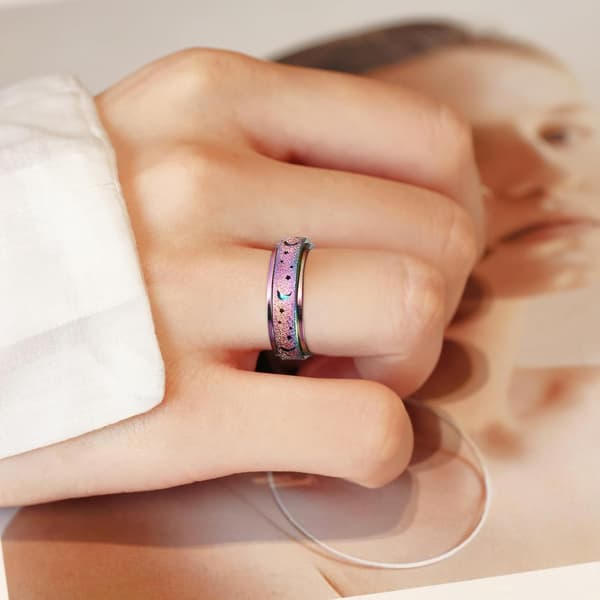 Fidget Relief Spinner Ring for Women, Titanium Stainless Steel Spinner Ring Fargerik Måne Stjerne