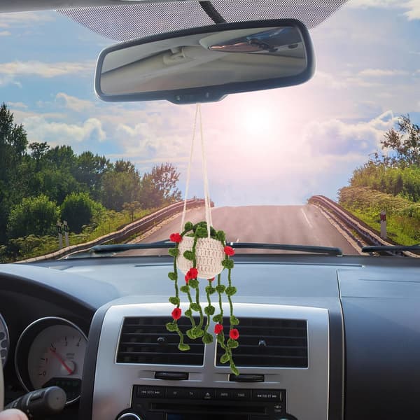 Bildekorationshängen Växtkorg Vit Virkad Bilblomhängande Berlock Unik