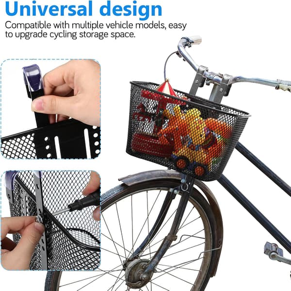 Universal främre cykelkorg i metallnät svart med kardborrefäste