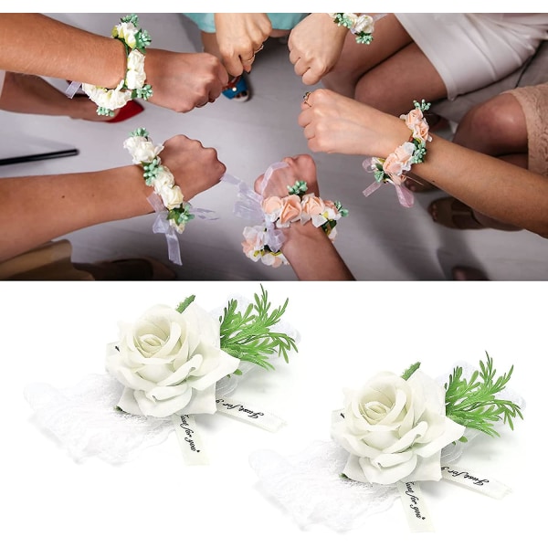 Handledsblommor för bröllop - 2 st brudtärnas sidenhandledsblommor bröllopsceremoni dekoration (vit)