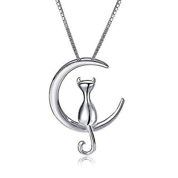 Cat Moon Necklace Women's Sterling Silver Necklace Cat Necklace