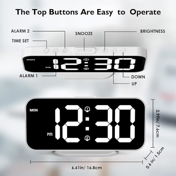 USB-driven dimbar digital väckarklocka med snooze-funktion och 2 USB-laddningsportar (vit)