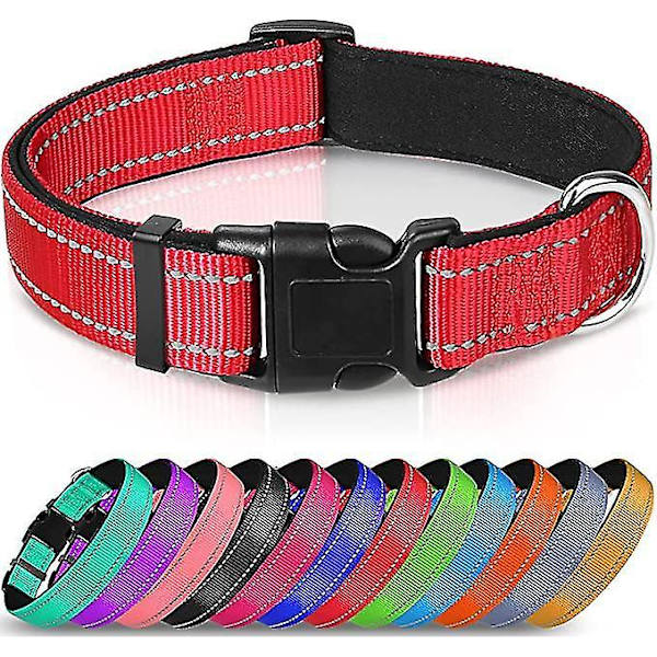 Halsband för hund, mjukt neoprenfodrat andningsbart nylonhusdjurshalsband justerbart för stora hundar, rött, m