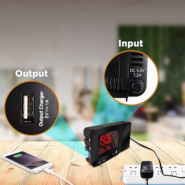 Digital Projektionsväckarklocka, Inomhus- och Utomhustemperatur, Väderprognos, 12/24H Dag Datum Visning, Snooze-funktion, USB-laddningsport, 8 Bakl