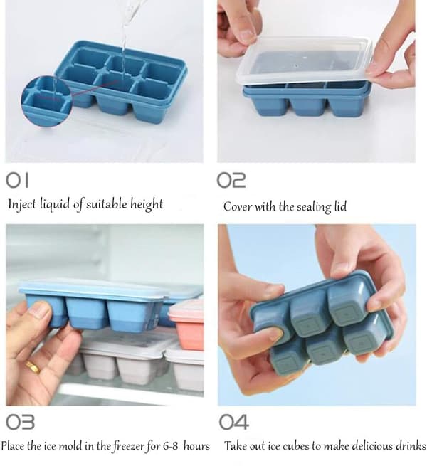 Miniisbitsbrickor 3-pack - Silikonbotten med lock, enkel frigöring, blå + röd + mintgrön, stapelbara små isbitsformar