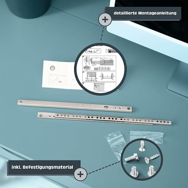 Set med 2 spårade lådskenor 17 mm längd 246 mm 1 par 2 lådskenor silverförzinkat stållådskenesystem med fästen
