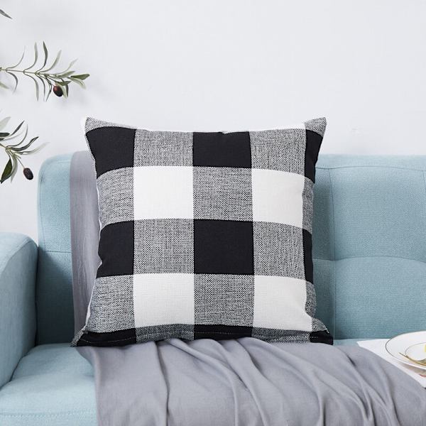 Set med 2 rutiga örngott, andningsbara, skrynkelfria, dekorativa örngott i polyester för 18\" x 18\" prydnadskuddar - svart och vitt