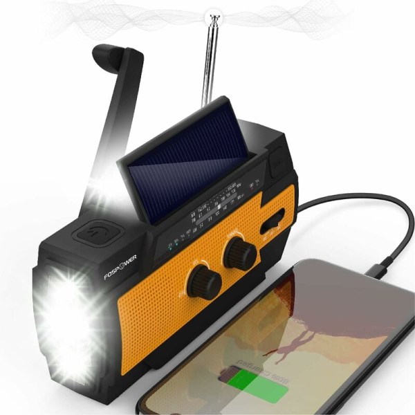 Solar AM/FM/Noaa Radio Handvev Radio Bärbar USB Uppladdningsbar Nödradio med 4000 mAh Power Bank, LED-ficklampa (orange)