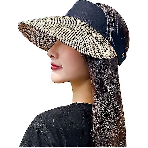 Kvinnors bredbrättade solhatt av halm, hopfällbar strandhatt för kvinnor, sommarhatt med upprullad hästsvans, beige