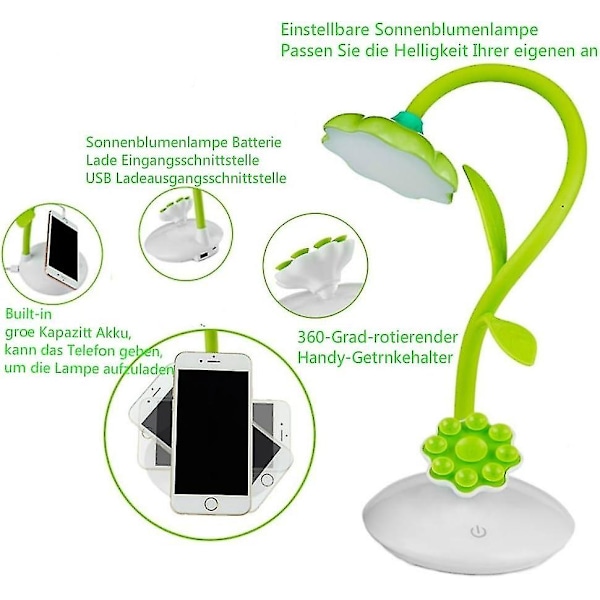 LED-børnebordlampe, sengelampe med fleksibel læseberøringssensor, genopladelig via USB og