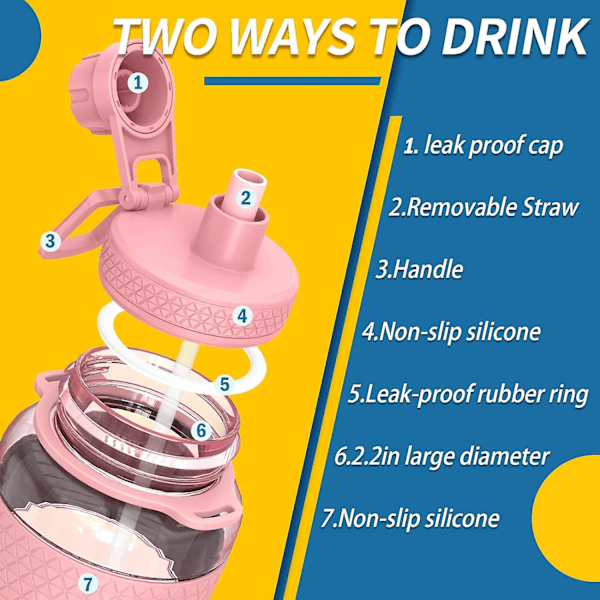 Motiverande vattenflaska med sugrör, 1L/2L sportvattenflaska med tidsmarkör, BPA-fri, läcksäker, hållbar (rosa)