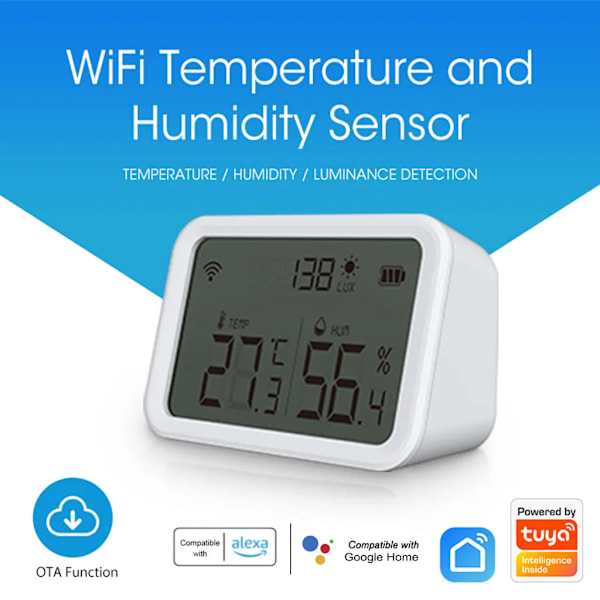 NEO Coolcam Tuya WiFi Smart Temperatur- och fuktighetssensor Ljusstyrka detektor inomhus hygrometer termometer med LCD-display