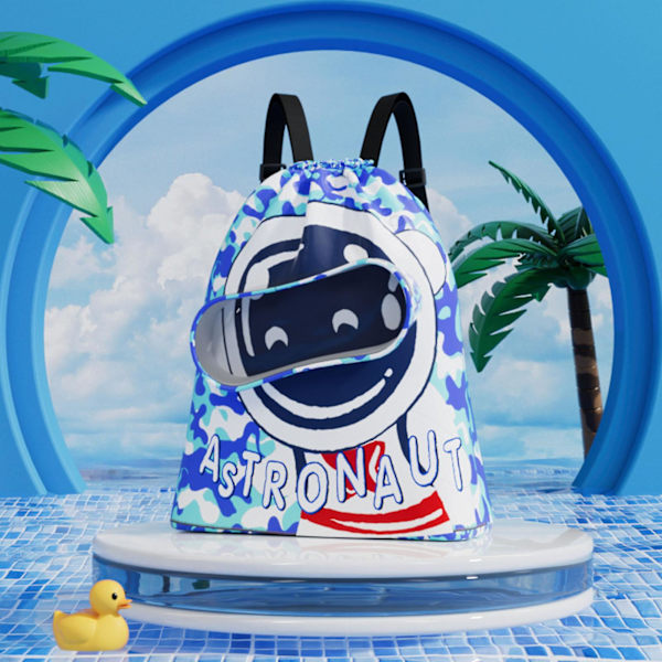 Vattentät barn dragsko simväska med torr våt separation - Liten Ocean Blue Spaceman Design