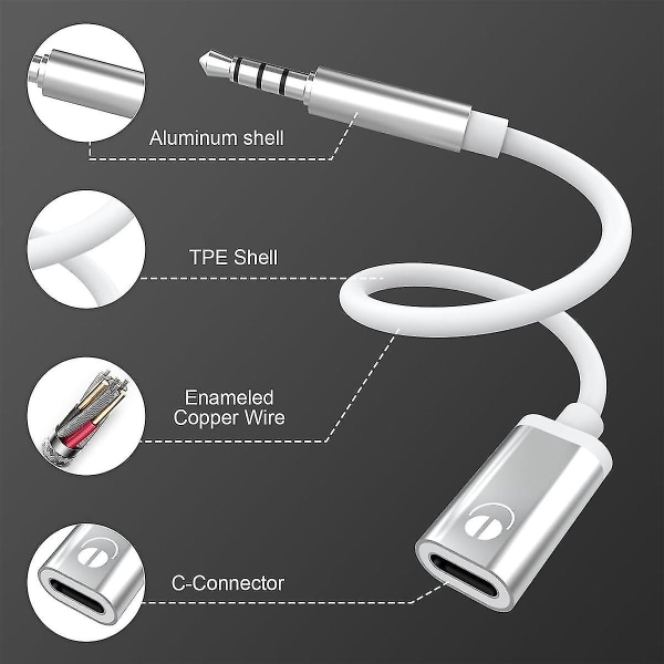 3,5 mm uros-C-naaras-äänikaapeli, analoginen ääniliitäntä kuulokkeiden äänisovitin MP3-soittimelle, kannettavalle tietokoneelle, tableteille (hopea)
