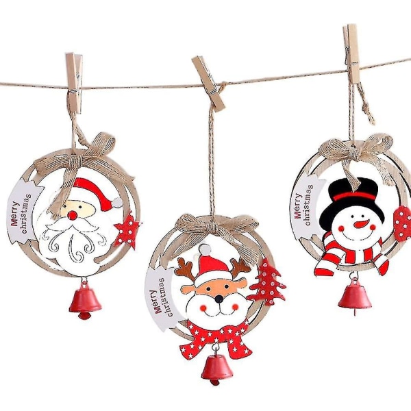 Julgransprydnader 3-pack julträ handgjorda festdekorationer Trädhängande prydnader Heminredning Santa Älg Snögubbe med klockor