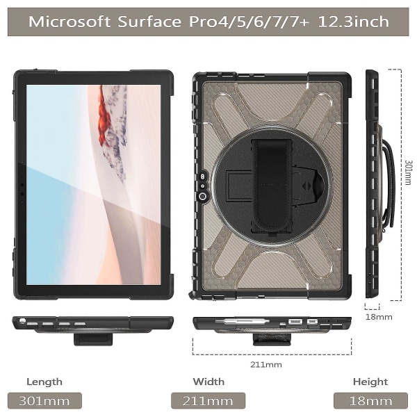 Unik designfodral för Surface Pro 4/5/6/7/7+ med handrem, tangentbordsrem (inget tangentbord), justerbart stativ, kraftigt skyddsfodral, stöttåligt