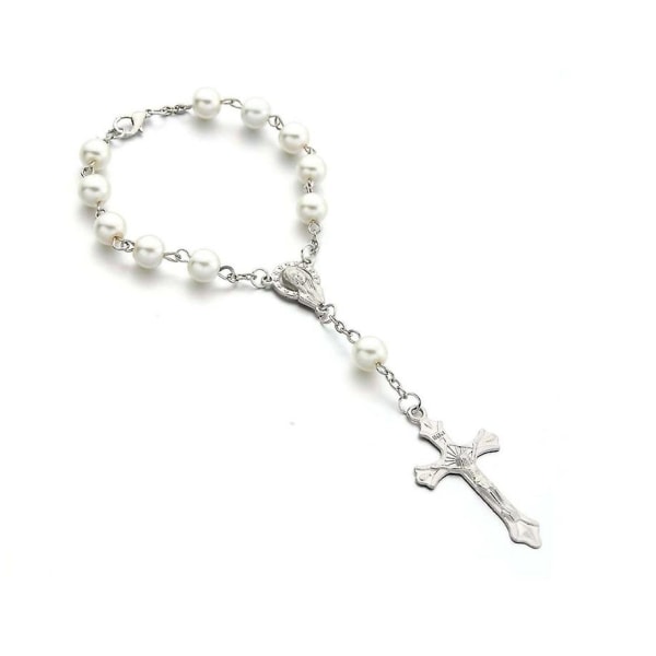 Katolsk rosenkransarmbånd Hvid imiteret perle Kristuskors Jesus Vor Frue Armbånd krucifiks guddommelig barmhjertighedsgave