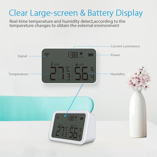 NEO Coolcam Tuya WiFi Smart Temperatur- och fuktighetssensor Ljusstyrka detektor inomhus hygrometer termometer med LCD-display