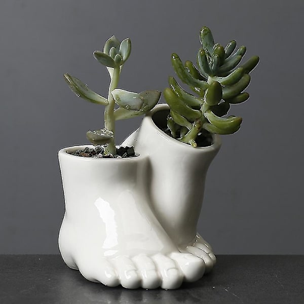 Keramisk blomkruka fotformad trädgård hemmakontor skrivbord dekorativ planter (vit)