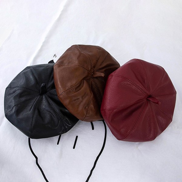 Beret Mössa Casual Enfärgad Konstläder Ingen Brätte Dome Franska Kvinnor Beret Mössa För Fest（Svart）