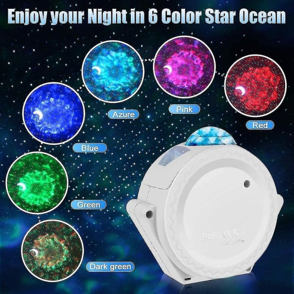 6 farver Ocean Waving Light Stary Sky Projektor Led Nebula Cloud Natlys 360 graders rotation Natlyslampe til børn（Hvid）