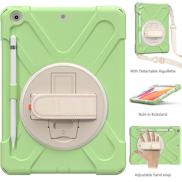 Nytt handrem-designfodral för iPad 10,2 tum med axelrem, justerbart stativ, pennhållare, fallskyddsskydd（Matcha Green）