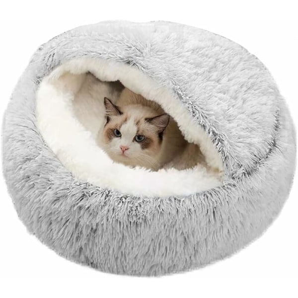 Munkformad lugnande säng, varm och mjuk plysch med bekväm halkfri skumbotten för små till medelstora husdjur att sova inne (grå)