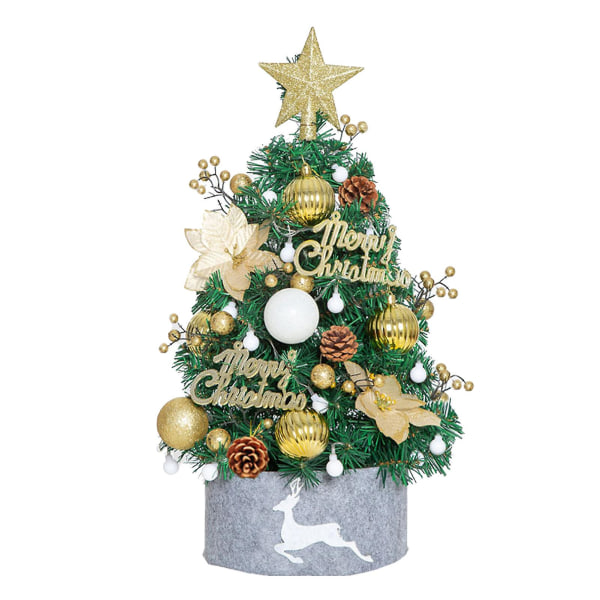 Mini julgran konstgjord liten julgran med LED-lampor Dekorationer, skrivbords julgransdekoration med julgranskjol（Guld）