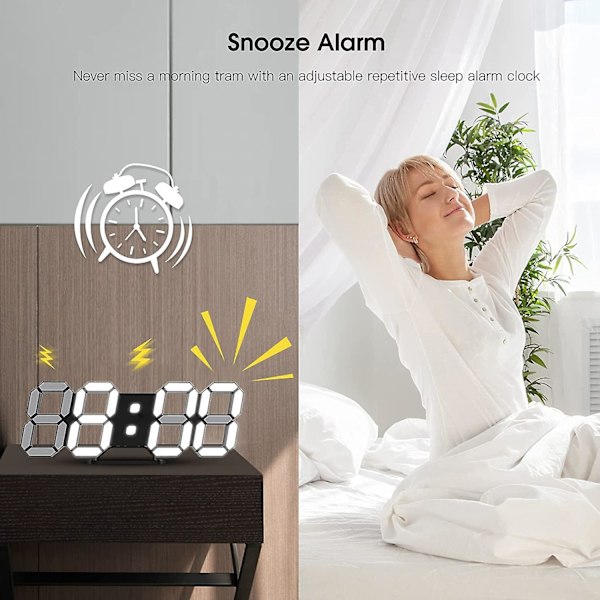 3D LED Digital Væg Ur - Stor Lysende Alarm Ur - Lydløs Snooze Funktion - Justerbar Lysstyrke - 12/24 Timers Dato/Temperatur Display - Kontor Køkken