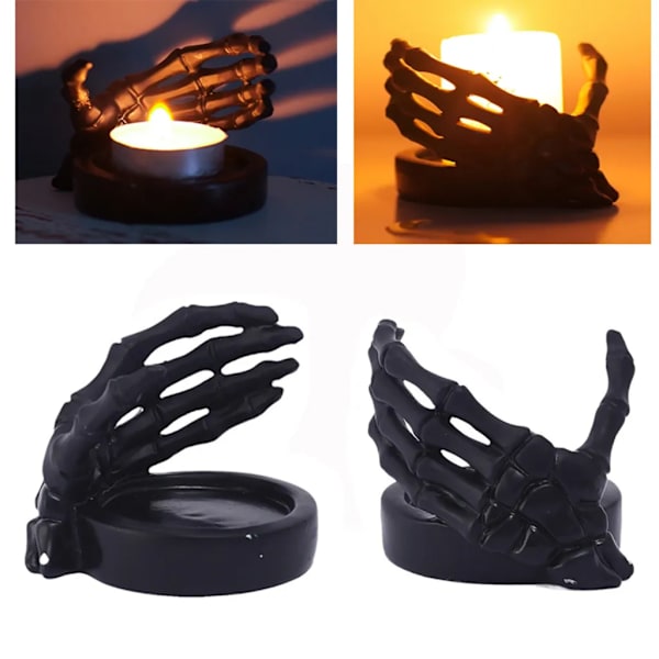 Set med 2 ljusstakar tealight hållare Halloween dekoration skelett hand skalle gotisk figur tealight ljus (svart)