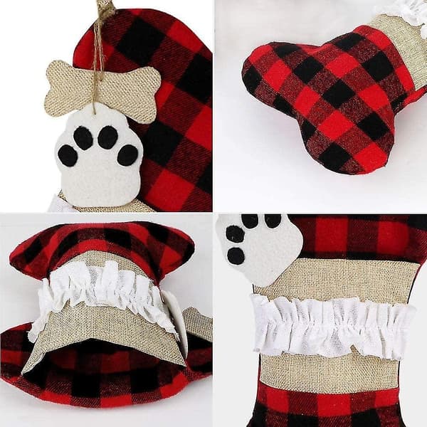 Julepynt 2 stk. Jule Strømper til kæledyr, Burlap Plaid Bone Fish Shape Pets Strømper,