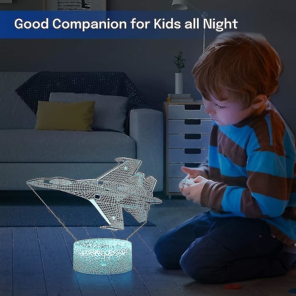 3D Flyvemaskine Nattelys, Jagerfly 3D Led Illusion Lampe 16 Farver Skifter Med Fjernbetjening & Touch Control Batteridrevet Justerbar Skrivebordslampe